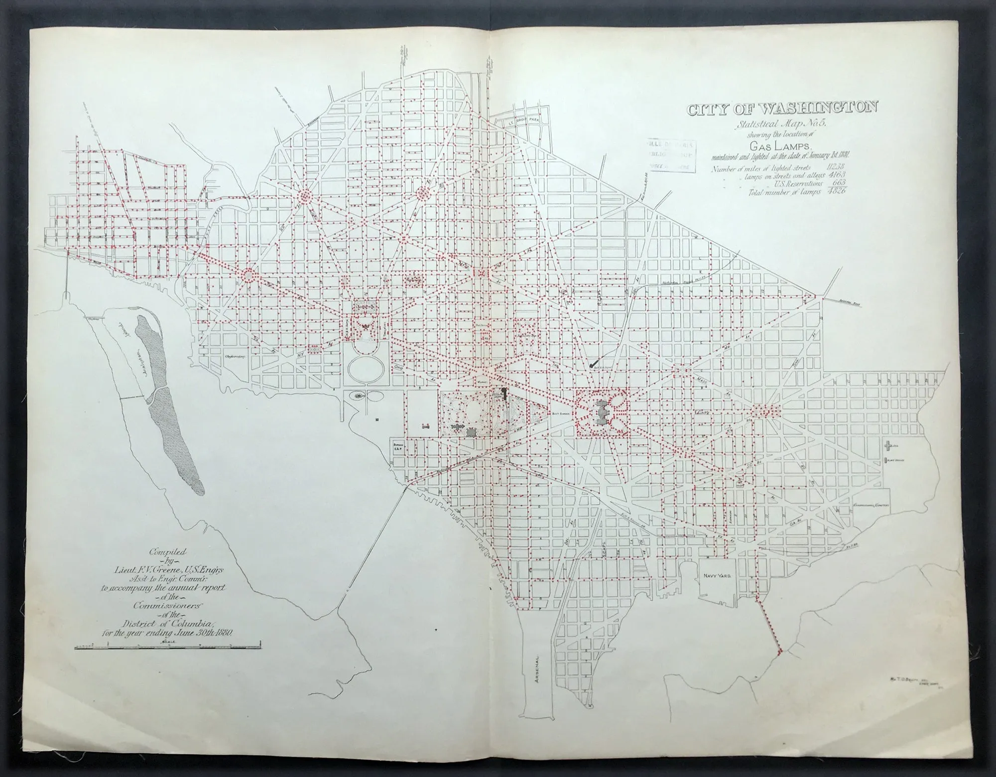 1880 F V Greene Large Antique Map Location of the Gas Lamps in Washington DC