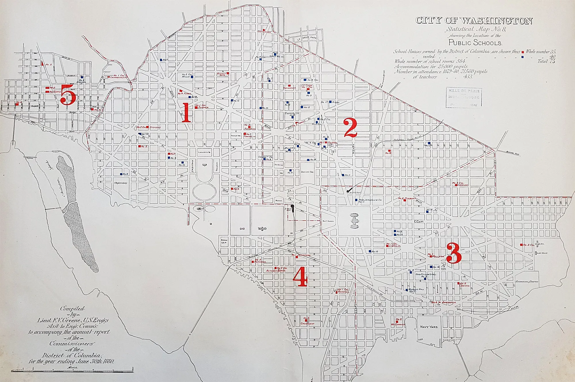 1880 Greene Large Antique Map Location of The Public Schools in Washington DC