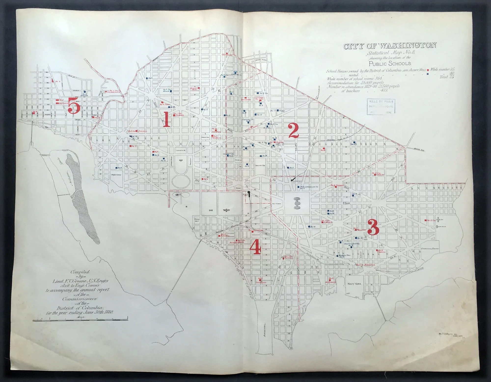 1880 Greene Large Antique Map Location of The Public Schools in Washington DC