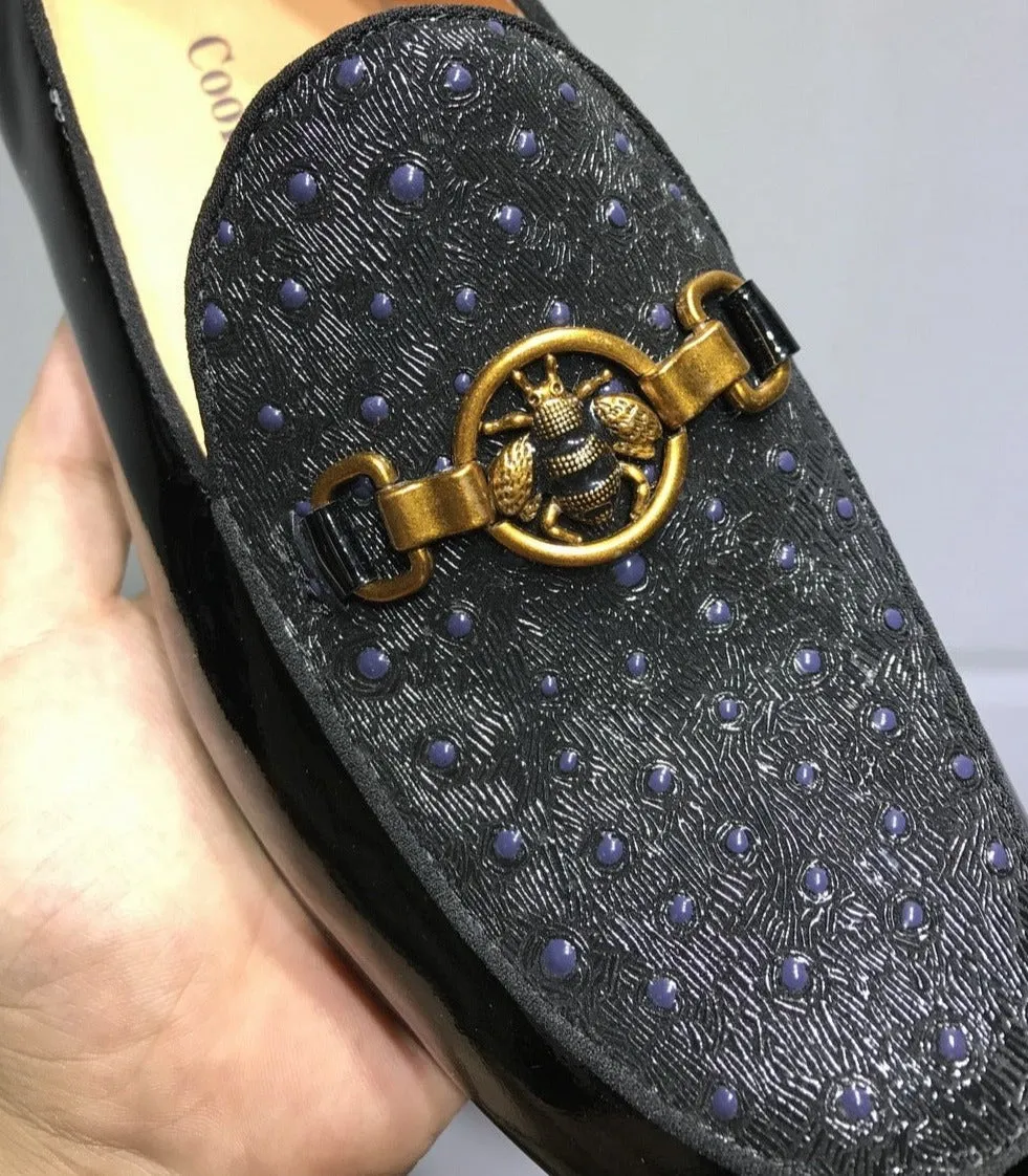 Black Patent leather Moccasin Bee Metal Buckle Slip On Loafers