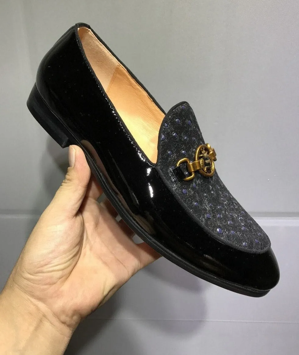 Black Patent leather Moccasin Bee Metal Buckle Slip On Loafers