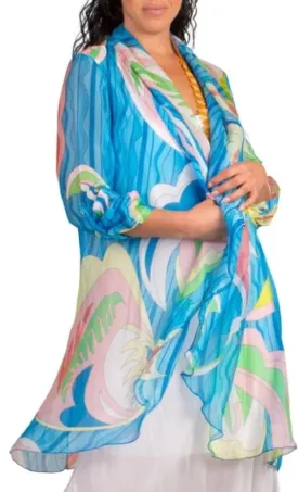 Blue Aquatic Long Silk Duster-One Size
