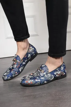 Blue Jacquard Slip-On Men's Party Shoes