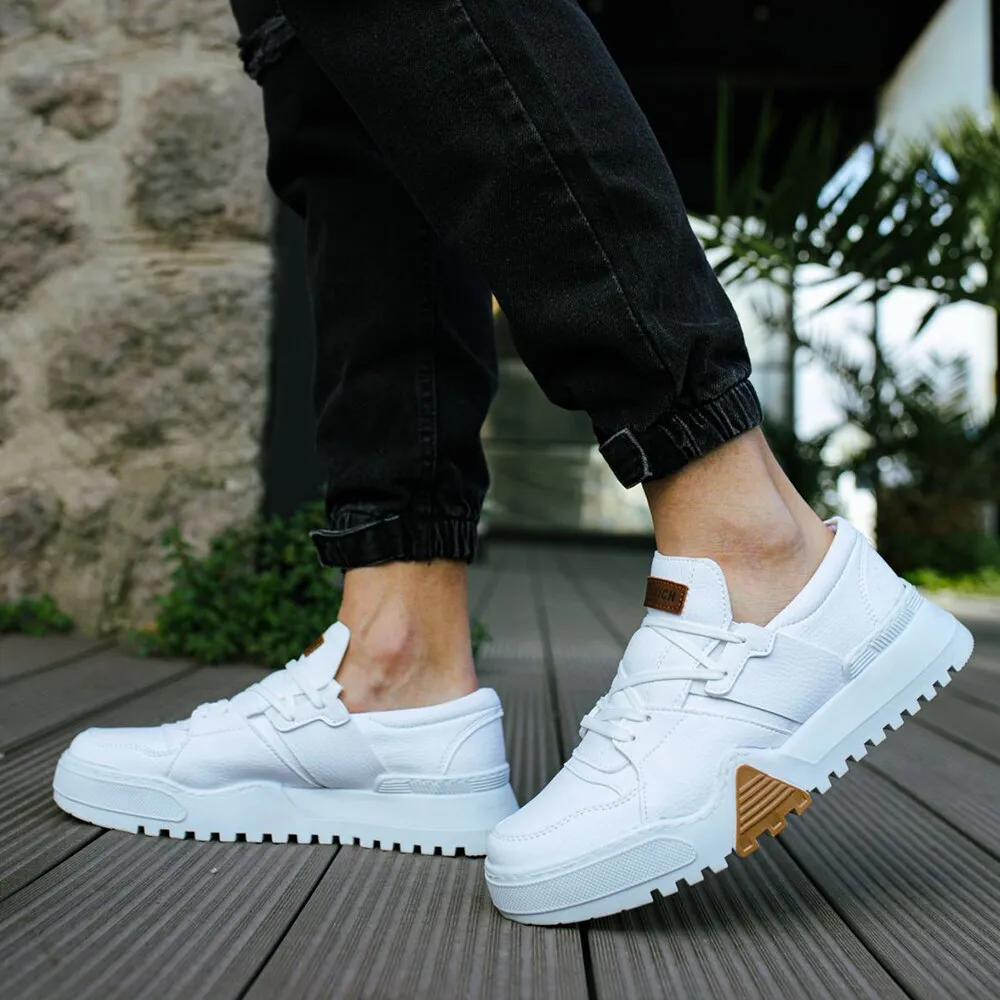 Chekich Men's Shoes White Color Lace Up Artificial Leather Spring and Autumn Seasons  Breathable Comfortable Casual Male Lightweight Sneakers Fabric Daily Canvas High Outsole Footwear Brown Detailed Solid CH067