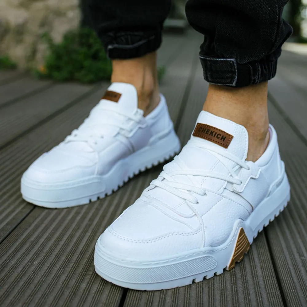 Chekich Men's Shoes White Color Lace Up Artificial Leather Spring and Autumn Seasons  Breathable Comfortable Casual Male Lightweight Sneakers Fabric Daily Canvas High Outsole Footwear Brown Detailed Solid CH067