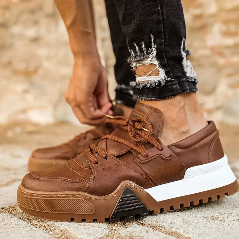 Chekich Men's Shoes White Color Lace Up Artificial Leather Spring and Autumn Seasons  Breathable Comfortable Casual Male Lightweight Sneakers Fabric Daily Canvas High Outsole Footwear Brown Detailed Solid CH067