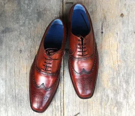 Handmade Men's Burgundy Wing Tip Brogue Leather Lace Up Shoes, Men Designer Dress Formal Shoes
