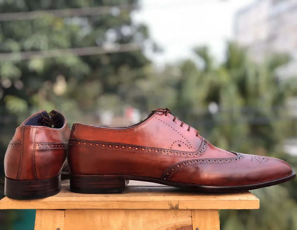 Handmade Men's Burgundy Wing Tip Brogue Leather Lace Up Shoes, Men Designer Dress Formal Shoes