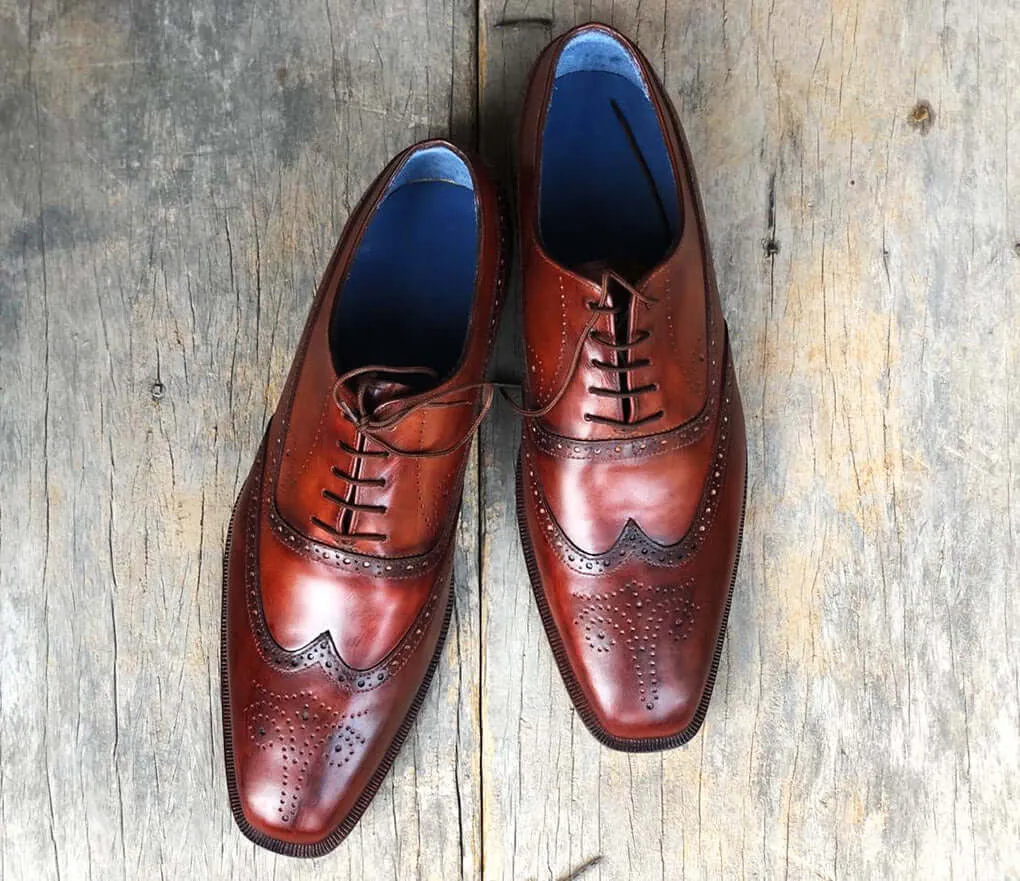 Handmade Men's Burgundy Wing Tip Brogue Leather Lace Up Shoes, Men Designer Dress Formal Shoes
