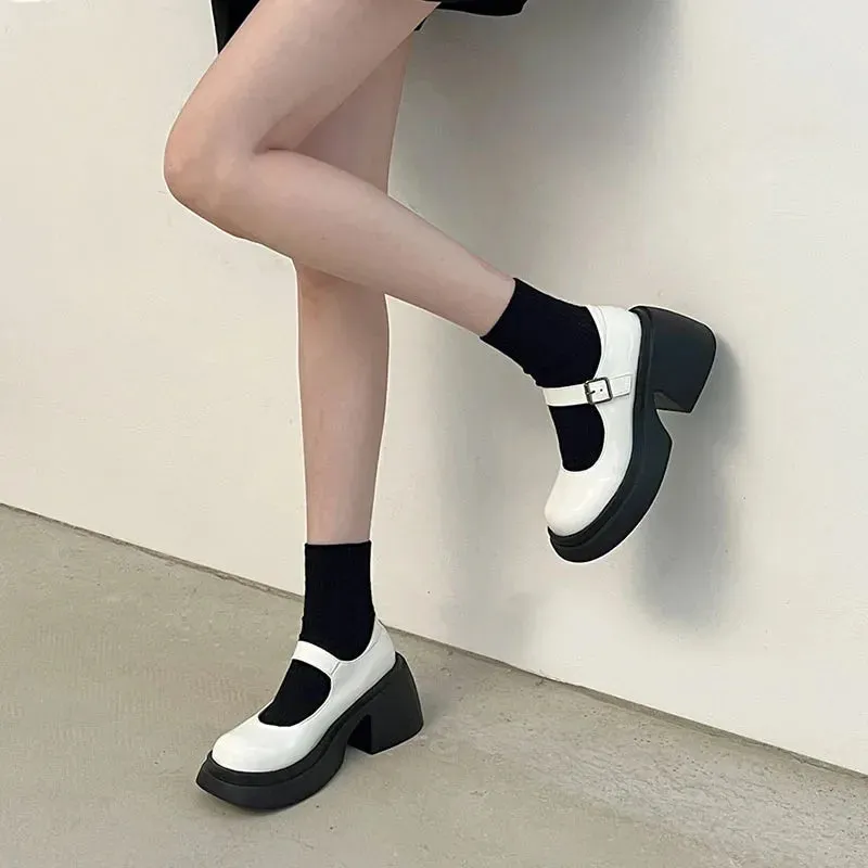 Hnzxzm Platform Mary Jane Shoes 2024 New Women's Shoes Women Thick Heels Trendy Street Lolita Shoes Round Toe Ankle Strap  Pumps