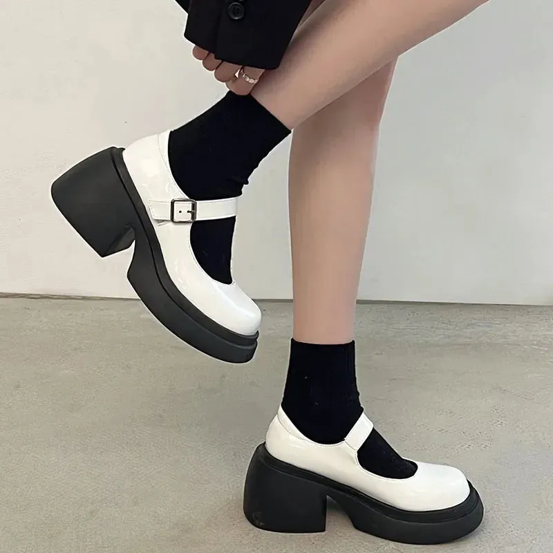 Hnzxzm Platform Mary Jane Shoes 2024 New Women's Shoes Women Thick Heels Trendy Street Lolita Shoes Round Toe Ankle Strap  Pumps