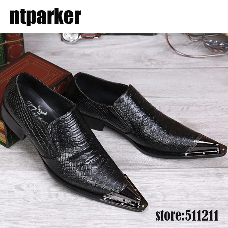 Jinquedai Fashion Pointed Metal Toe Men's Shoes Black Leather Dress Shoes Wedding/Business/Party Elegant Leather Shoes Men!