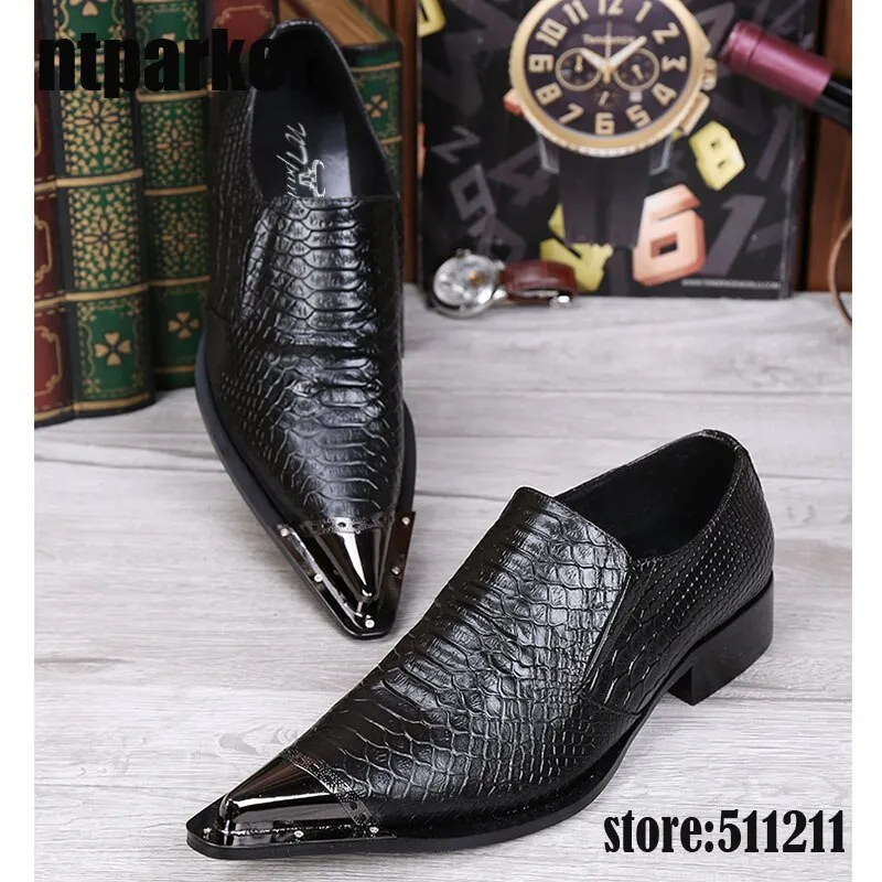 Jinquedai Fashion Pointed Metal Toe Men's Shoes Black Leather Dress Shoes Wedding/Business/Party Elegant Leather Shoes Men!