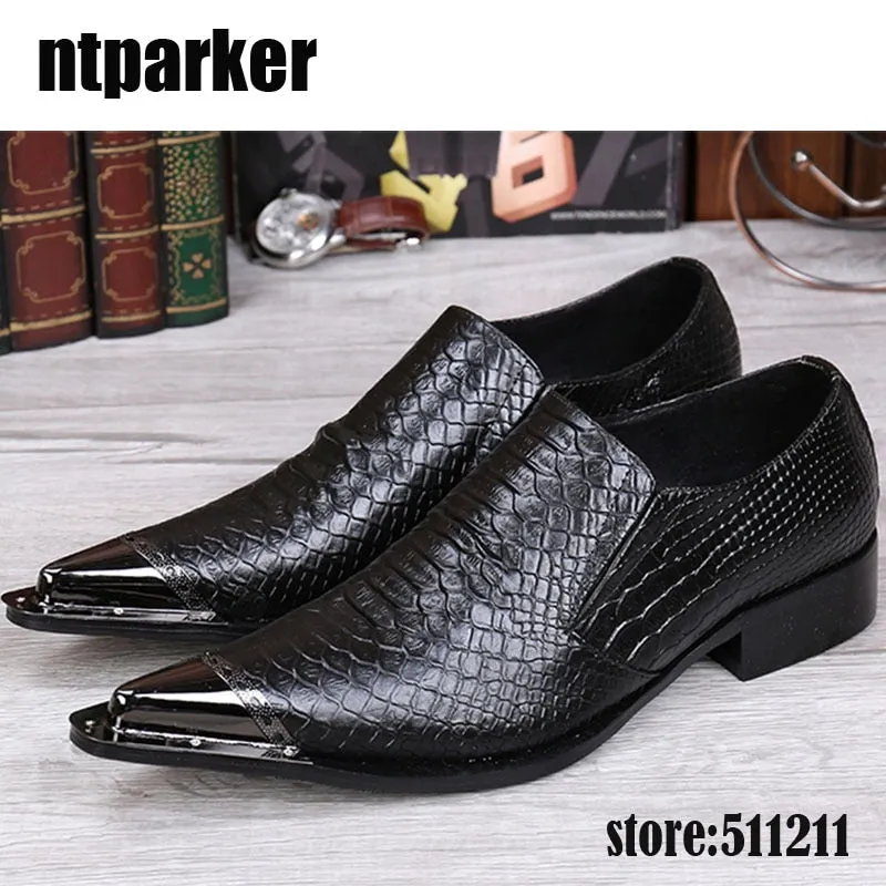 Jinquedai Fashion Pointed Metal Toe Men's Shoes Black Leather Dress Shoes Wedding/Business/Party Elegant Leather Shoes Men!