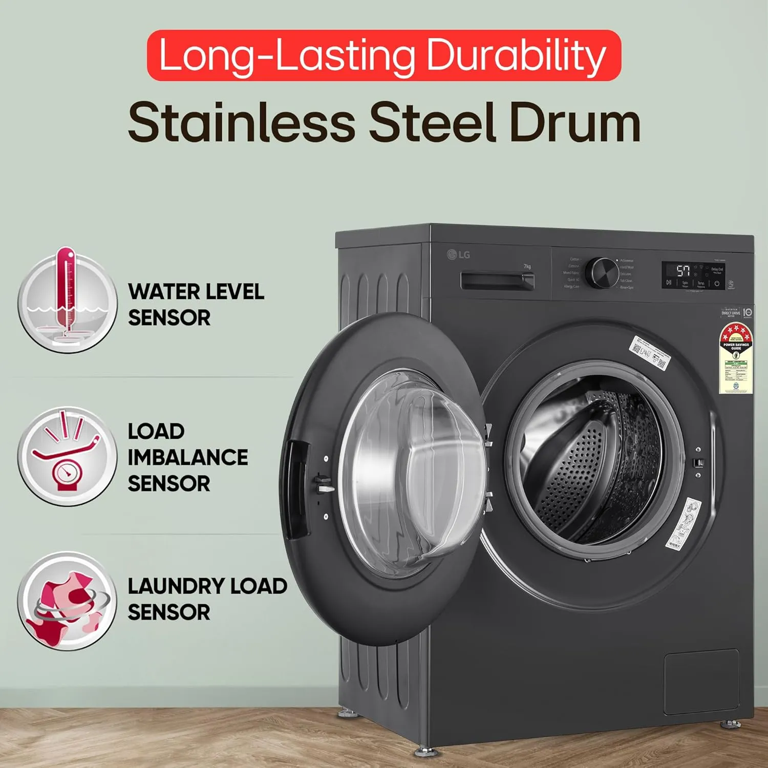 LG FHB1207Z2M 7 Kg 5 Star Front Load Washing Machine (Direct Drive, Steam Wash, In-Built Heater, Middle Black)