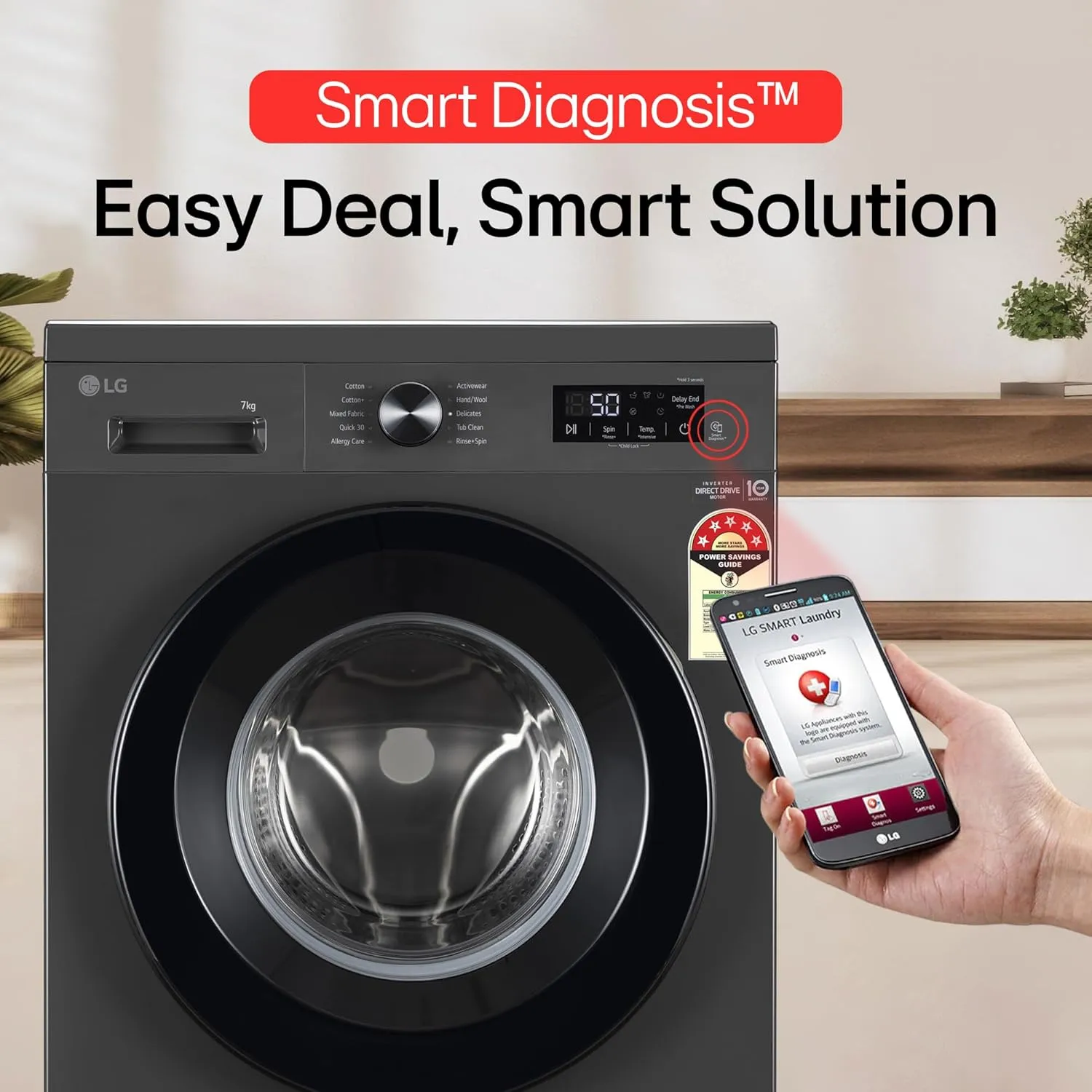 LG FHB1207Z2M 7 Kg 5 Star Front Load Washing Machine (Direct Drive, Steam Wash, In-Built Heater, Middle Black)