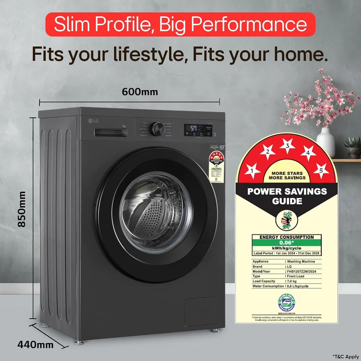 LG FHB1207Z2M 7 Kg 5 Star Front Load Washing Machine (Direct Drive, Steam Wash, In-Built Heater, Middle Black)
