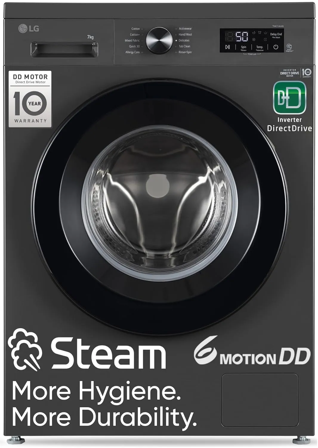 LG FHB1207Z2M 7 Kg 5 Star Front Load Washing Machine (Direct Drive, Steam Wash, In-Built Heater, Middle Black)