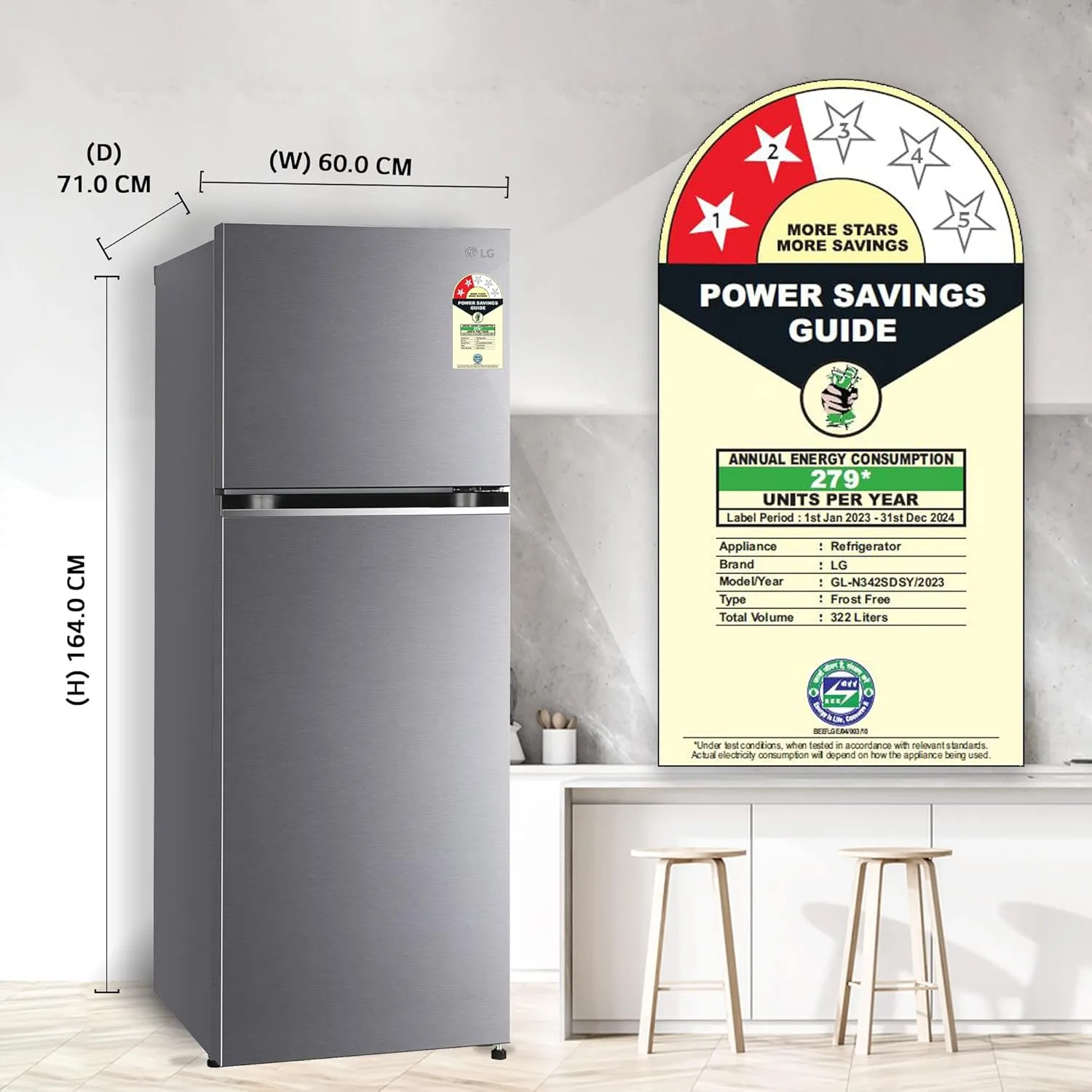 LG GL-N342SDSY 322 L 2 Star Smart Inverter Frost-Free Double Door Refrigerator ( Dazzle Steel )