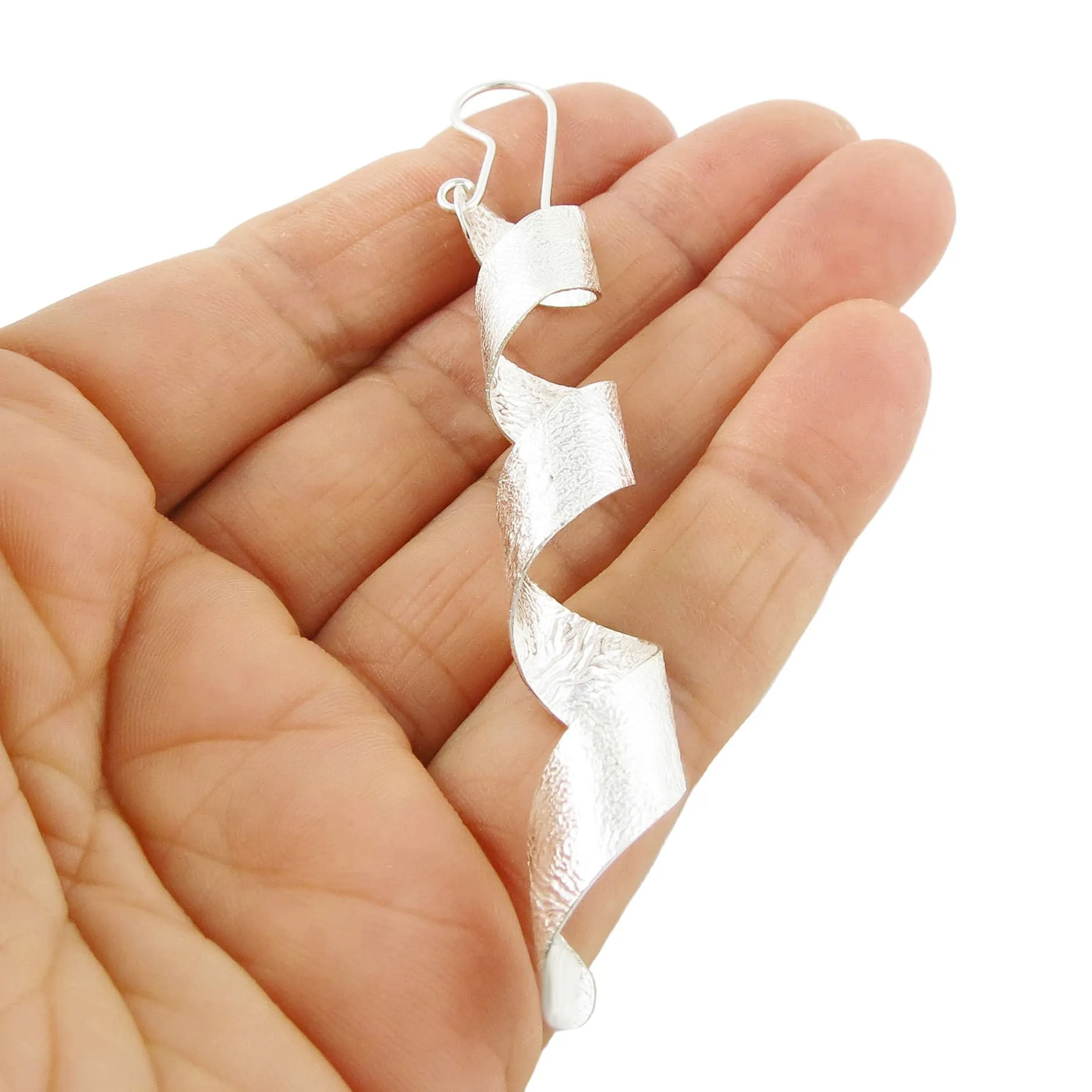 Long Maria Belen Reticulated 925 Silver Spiral Earrings