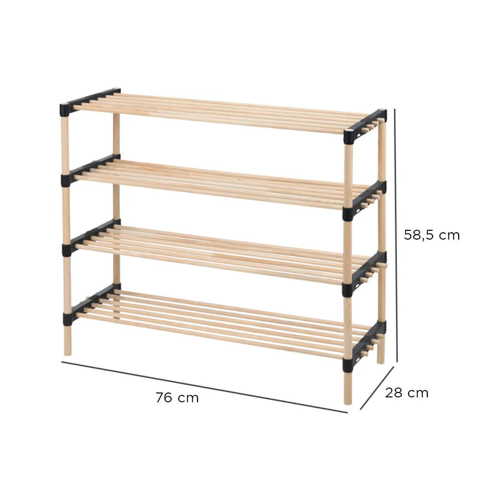 Natural Pinewood Shoe Rack with 4 Shelves