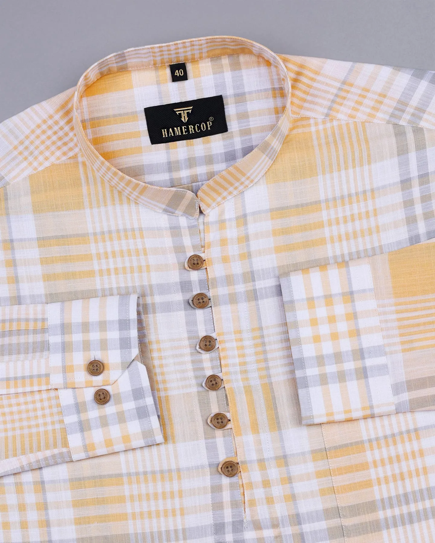 Ortona Yellow With White Check Linen Shirt Style Kurta