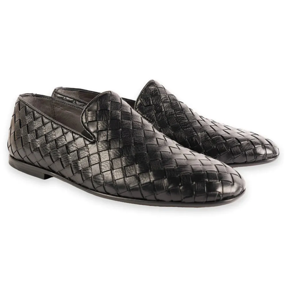 Pelle Line Men's Black Dress Shoes Hand Woven Veneta loafer P0002-6615