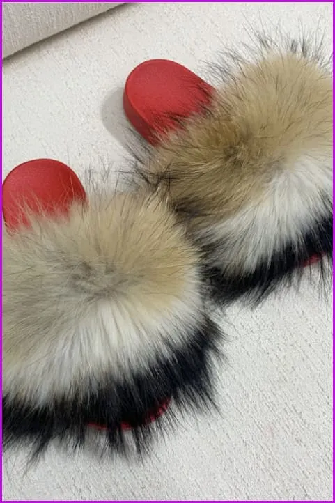 Red PVC Sole Fur Sliders DF073-2