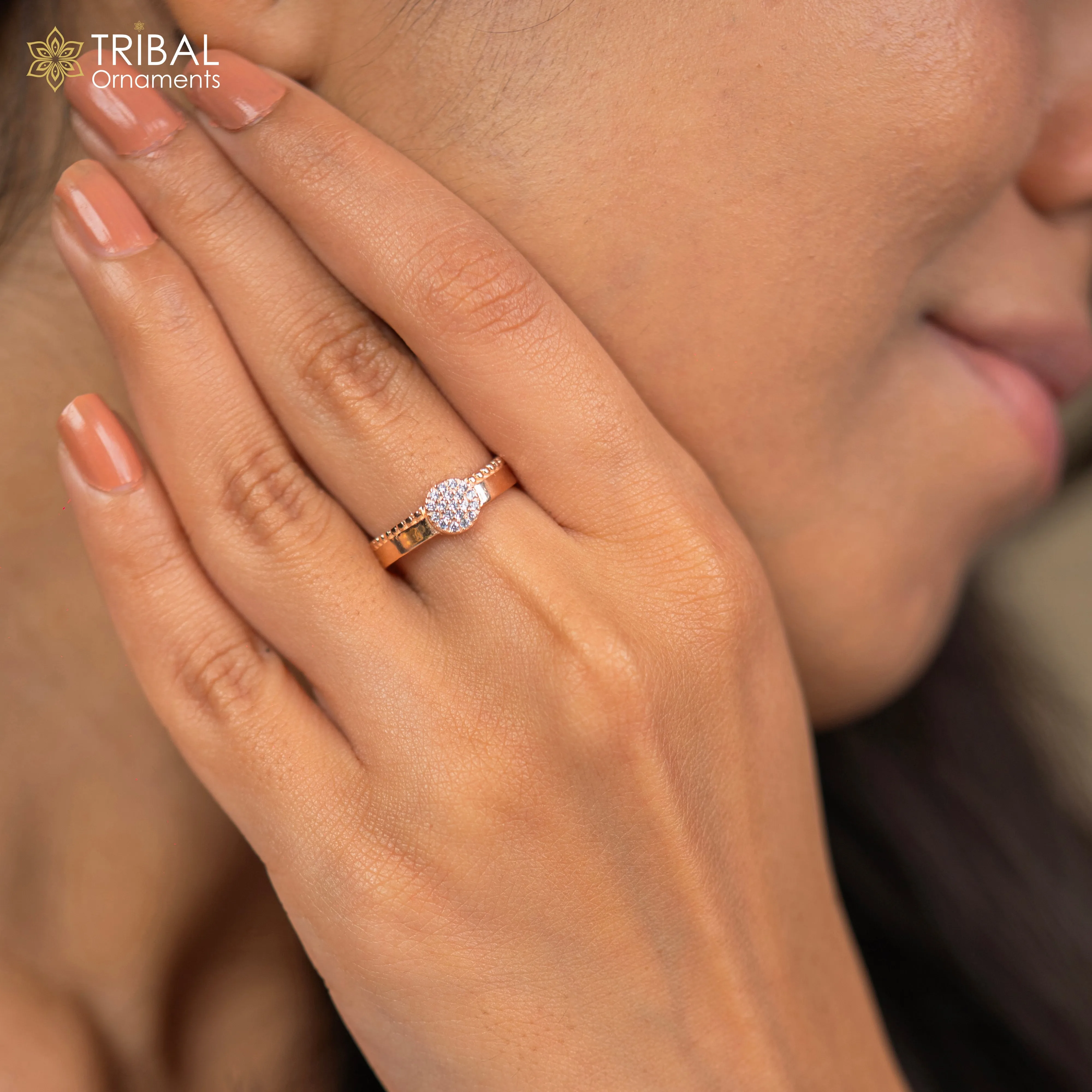 Round shape diamond rose gold silver ring