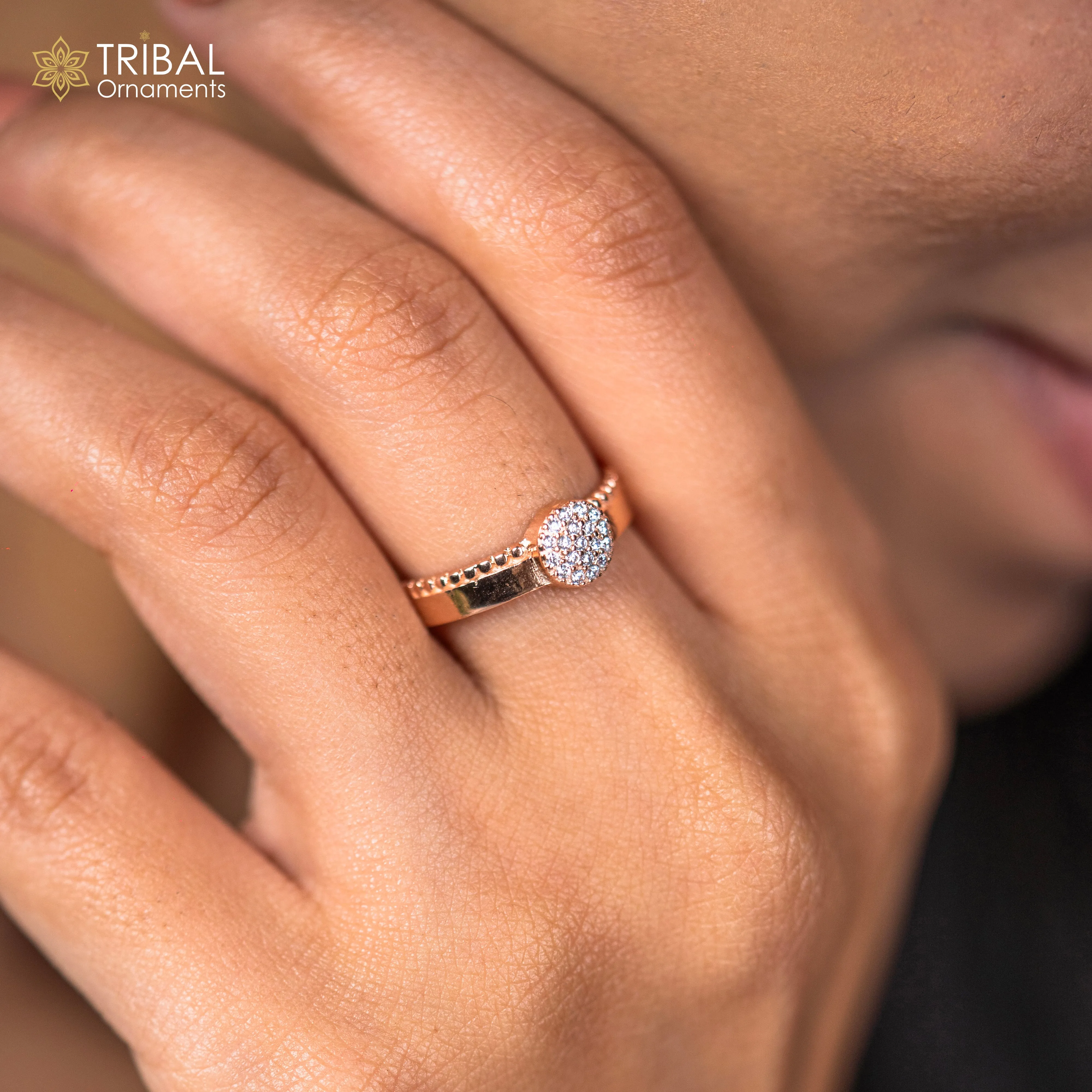 Round shape diamond rose gold silver ring
