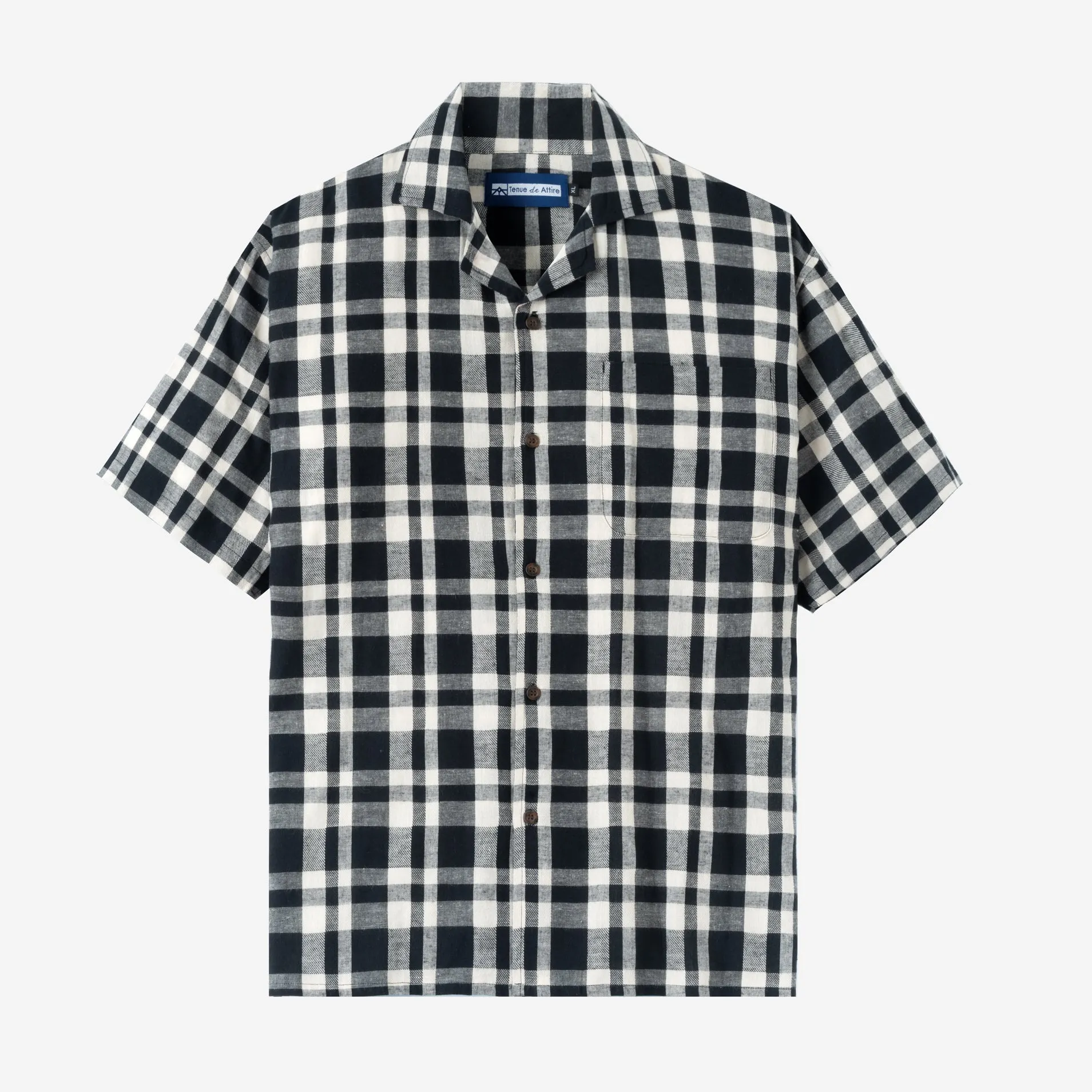 Summer Classic Camp Collar Short Sleeve Shirt - Black White Square