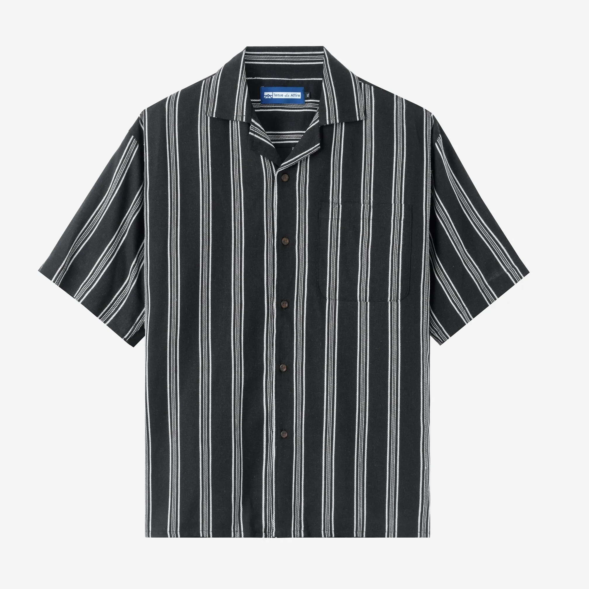 Summer Classic Camp Collar Short Sleeve Shirt - Black White Stripes