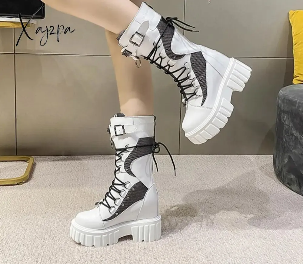 Xajzpa Big Size 35-43 Brand Design Ladies High Platform Boots Fashion Rivet Goth High Heels Boots Women Cosplay Wedges Punk Shoes Woman