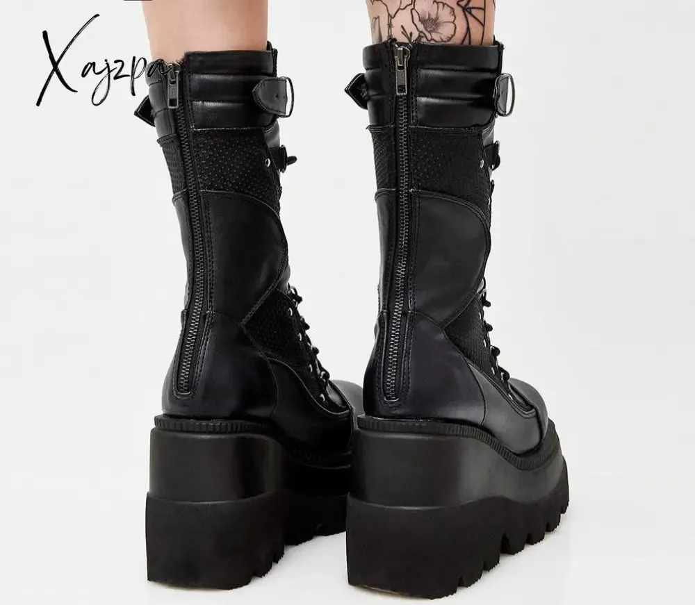 Xajzpa Big Size 35-43 Brand Design Ladies High Platform Boots Fashion Rivet Goth High Heels Boots Women Cosplay Wedges Punk Shoes Woman