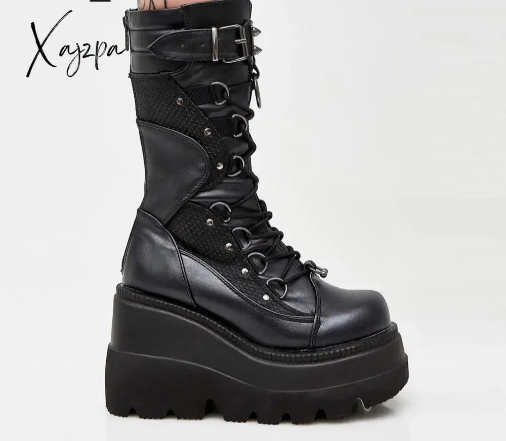 Xajzpa Big Size 35-43 Brand Design Ladies High Platform Boots Fashion Rivet Goth High Heels Boots Women Cosplay Wedges Punk Shoes Woman