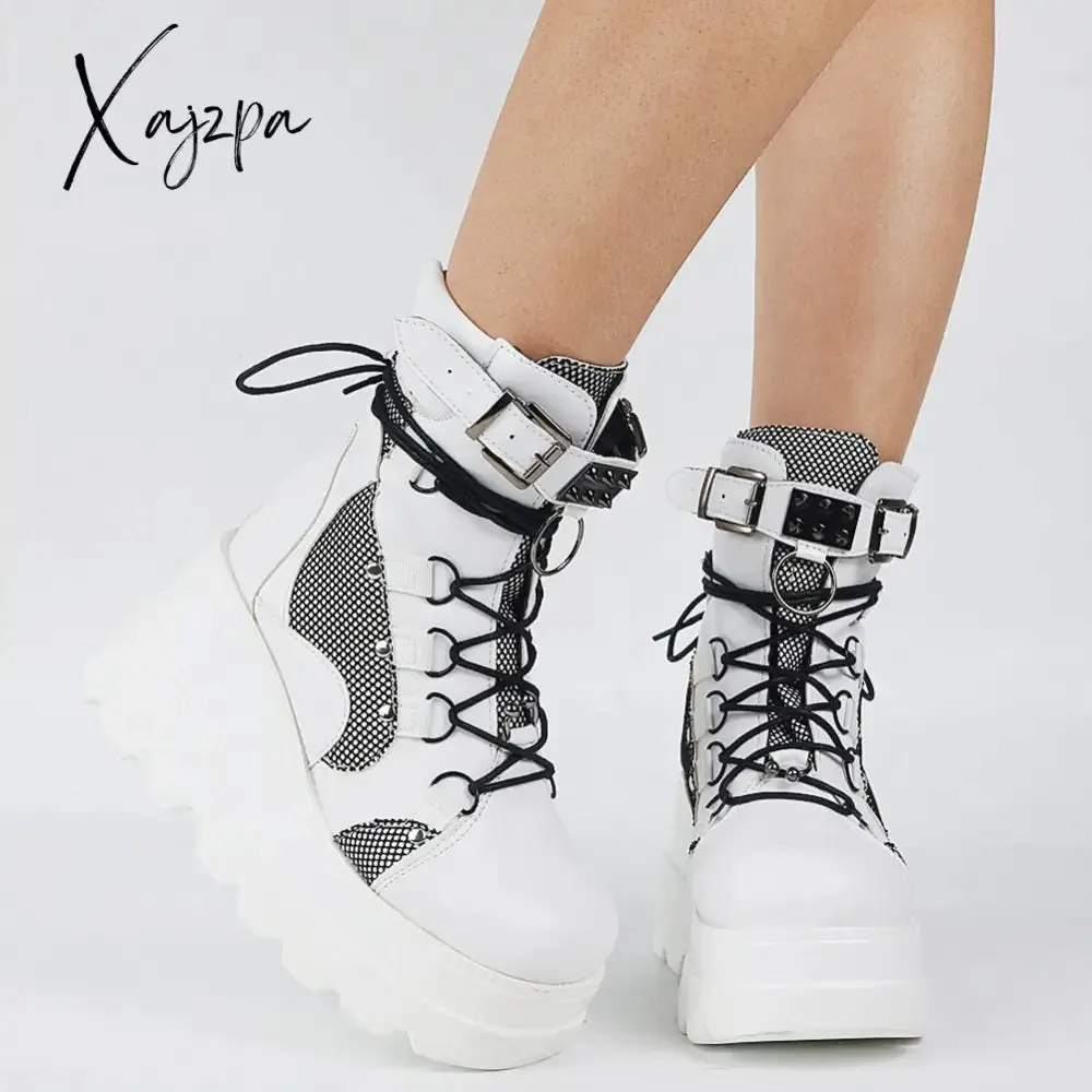 Xajzpa Big Size 35-43 Brand Design Ladies High Platform Boots Fashion Rivet Goth High Heels Boots Women Cosplay Wedges Punk Shoes Woman