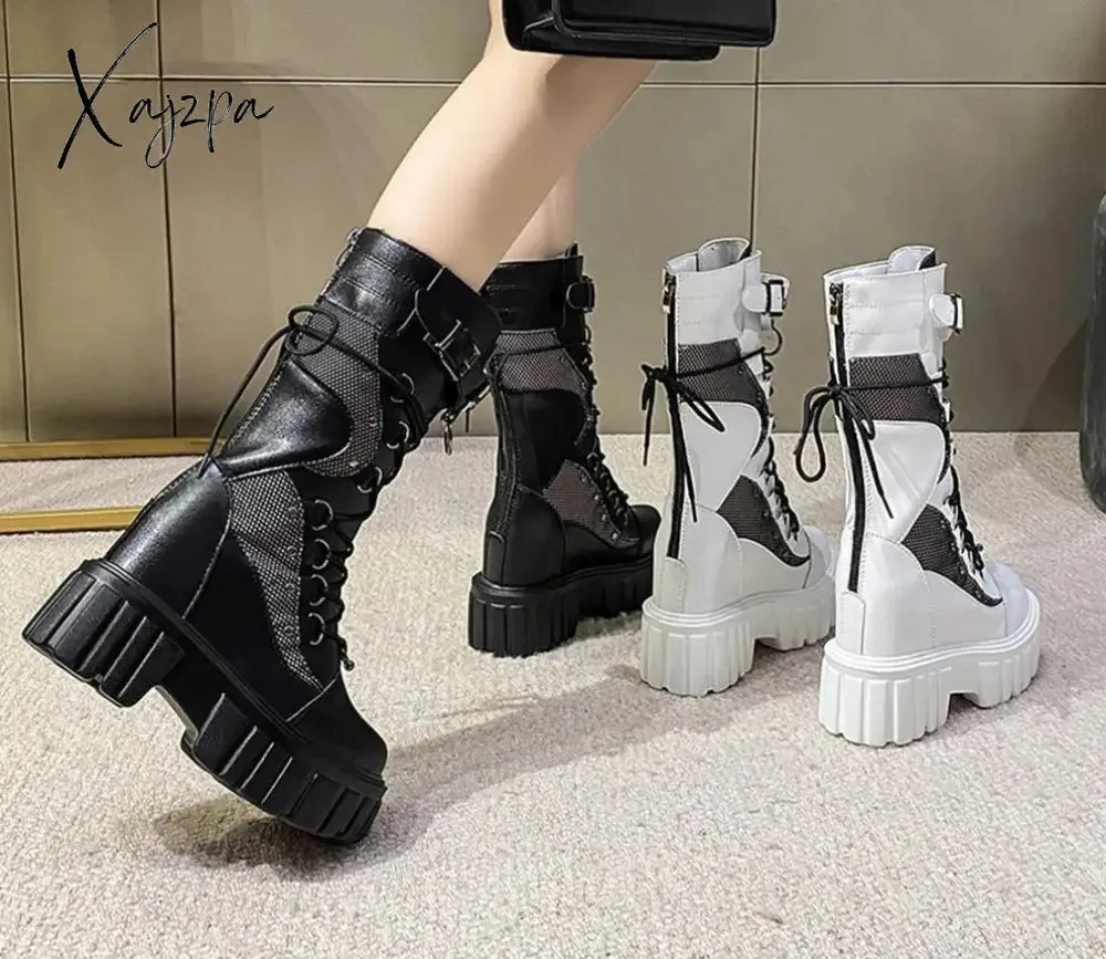 Xajzpa Big Size 35-43 Brand Design Ladies High Platform Boots Fashion Rivet Goth High Heels Boots Women Cosplay Wedges Punk Shoes Woman