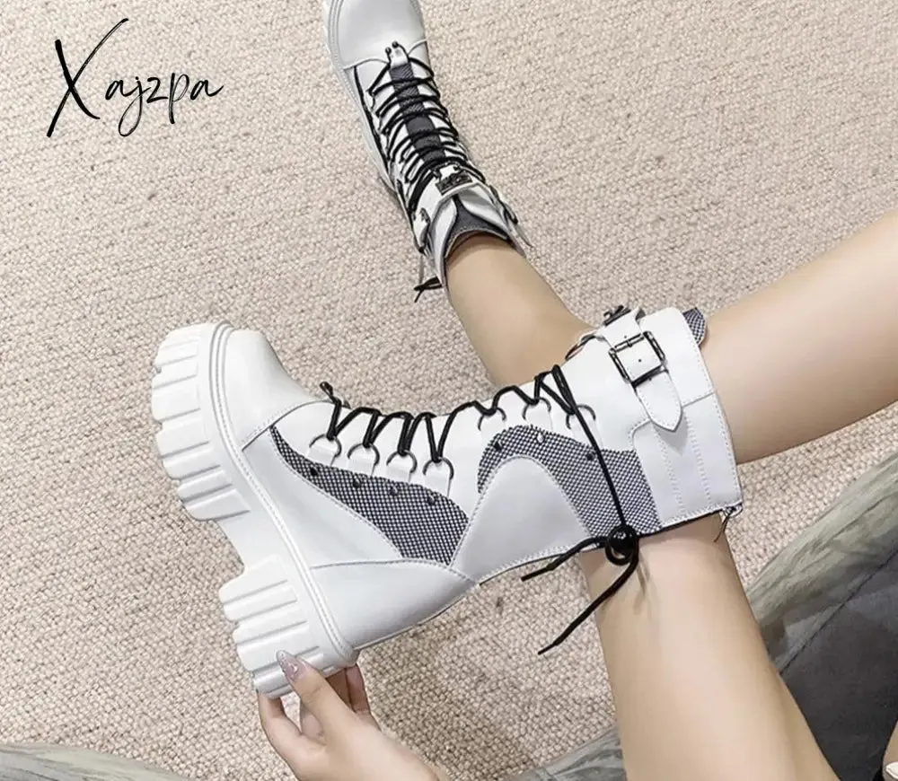 Xajzpa Big Size 35-43 Brand Design Ladies High Platform Boots Fashion Rivet Goth High Heels Boots Women Cosplay Wedges Punk Shoes Woman