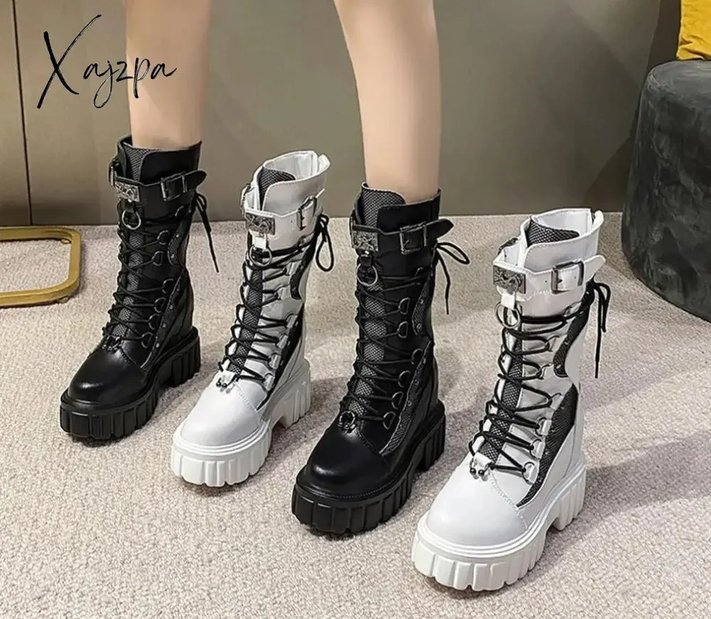 Xajzpa Big Size 35-43 Brand Design Ladies High Platform Boots Fashion Rivet Goth High Heels Boots Women Cosplay Wedges Punk Shoes Woman