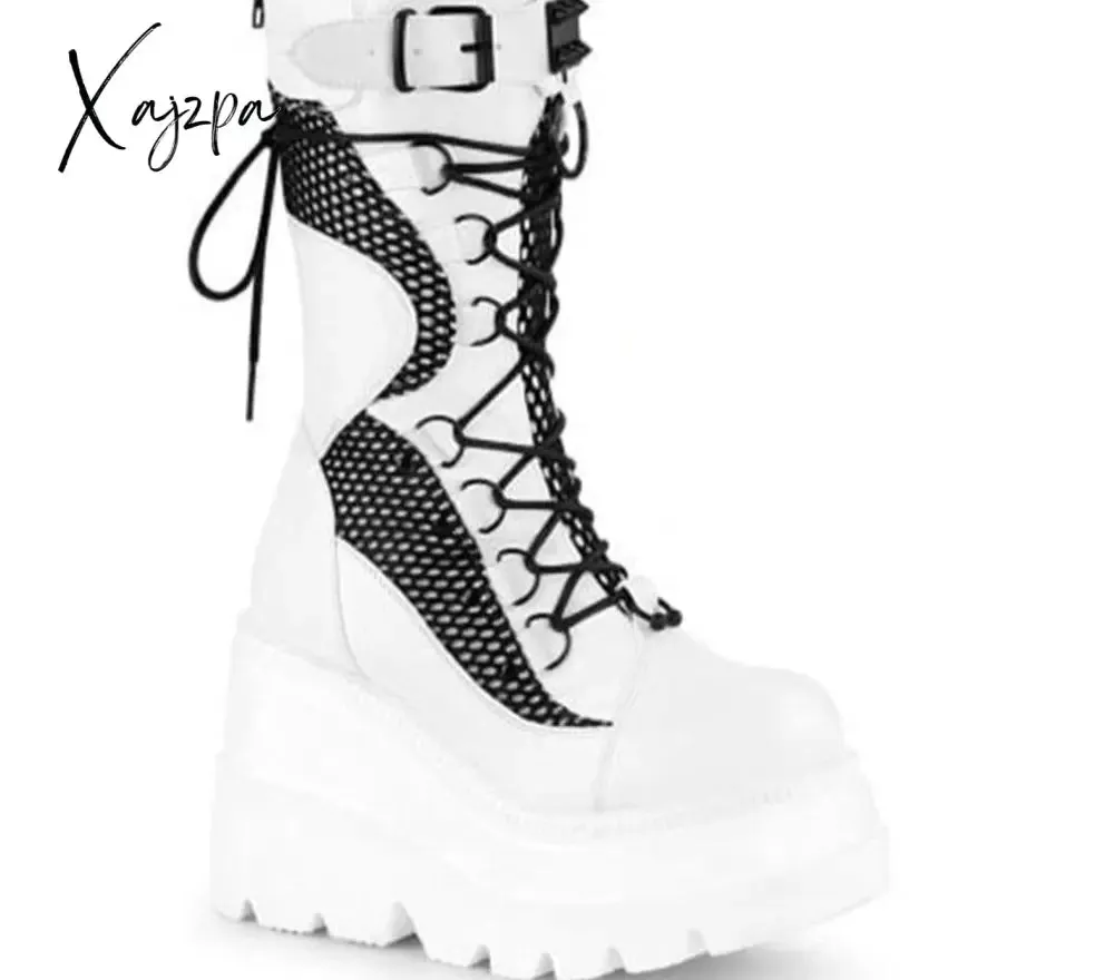 Xajzpa Big Size 35-43 Brand Design Ladies High Platform Boots Fashion Rivet Goth High Heels Boots Women Cosplay Wedges Punk Shoes Woman