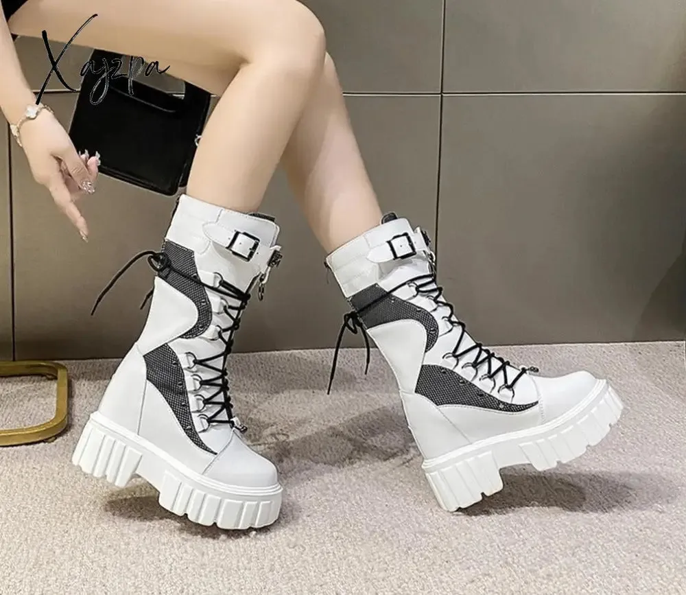 Xajzpa Big Size 35-43 Brand Design Ladies High Platform Boots Fashion Rivet Goth High Heels Boots Women Cosplay Wedges Punk Shoes Woman