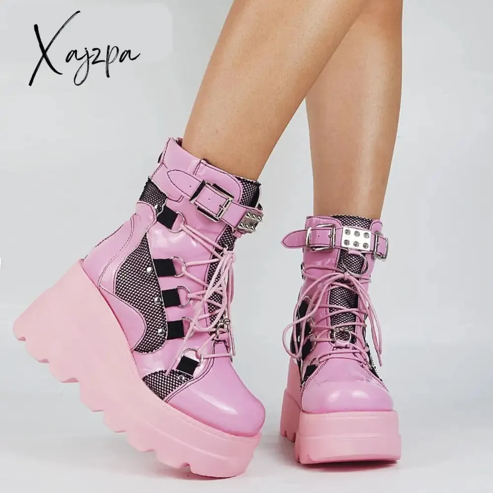 Xajzpa Big Size 35-43 Brand Design Ladies High Platform Boots Fashion Rivet Goth High Heels Boots Women Cosplay Wedges Punk Shoes Woman
