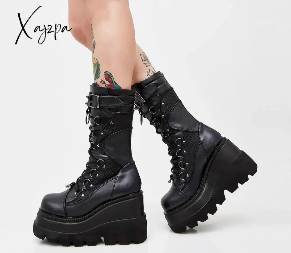 Xajzpa Big Size 35-43 Brand Design Ladies High Platform Boots Fashion Rivet Goth High Heels Boots Women Cosplay Wedges Punk Shoes Woman