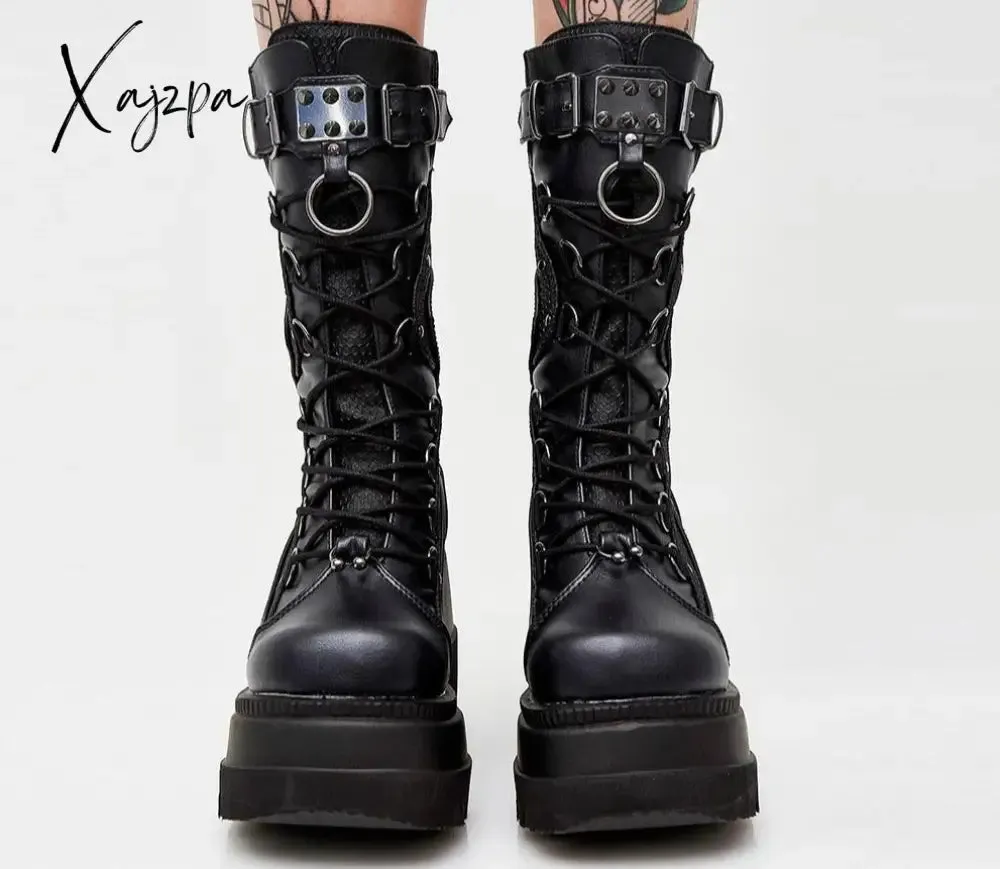 Xajzpa Big Size 35-43 Brand Design Ladies High Platform Boots Fashion Rivet Goth High Heels Boots Women Cosplay Wedges Punk Shoes Woman