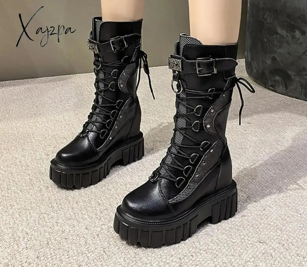 Xajzpa Big Size 35-43 Brand Design Ladies High Platform Boots Fashion Rivet Goth High Heels Boots Women Cosplay Wedges Punk Shoes Woman