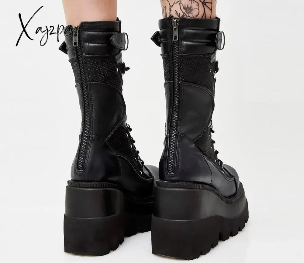 Xajzpa Big Size 35-43 Brand Design Ladies High Platform Boots Fashion Rivet Goth High Heels Boots Women Cosplay Wedges Punk Shoes Woman