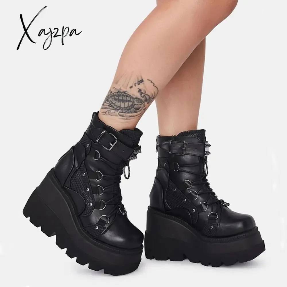 Xajzpa Big Size 35-43 Brand Design Ladies High Platform Boots Fashion Rivet Goth High Heels Boots Women Cosplay Wedges Punk Shoes Woman