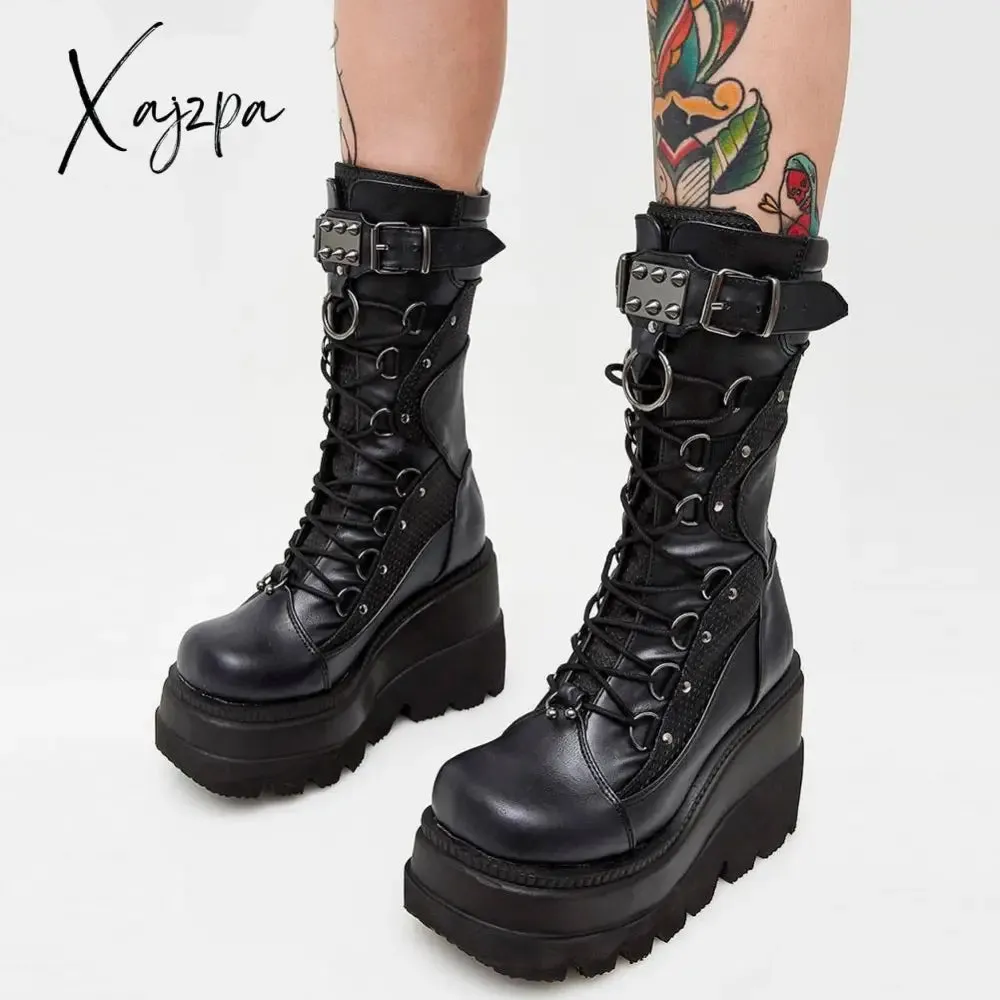 Xajzpa Big Size 35-43 Brand Design Ladies High Platform Boots Fashion Rivet Goth High Heels Boots Women Cosplay Wedges Punk Shoes Woman