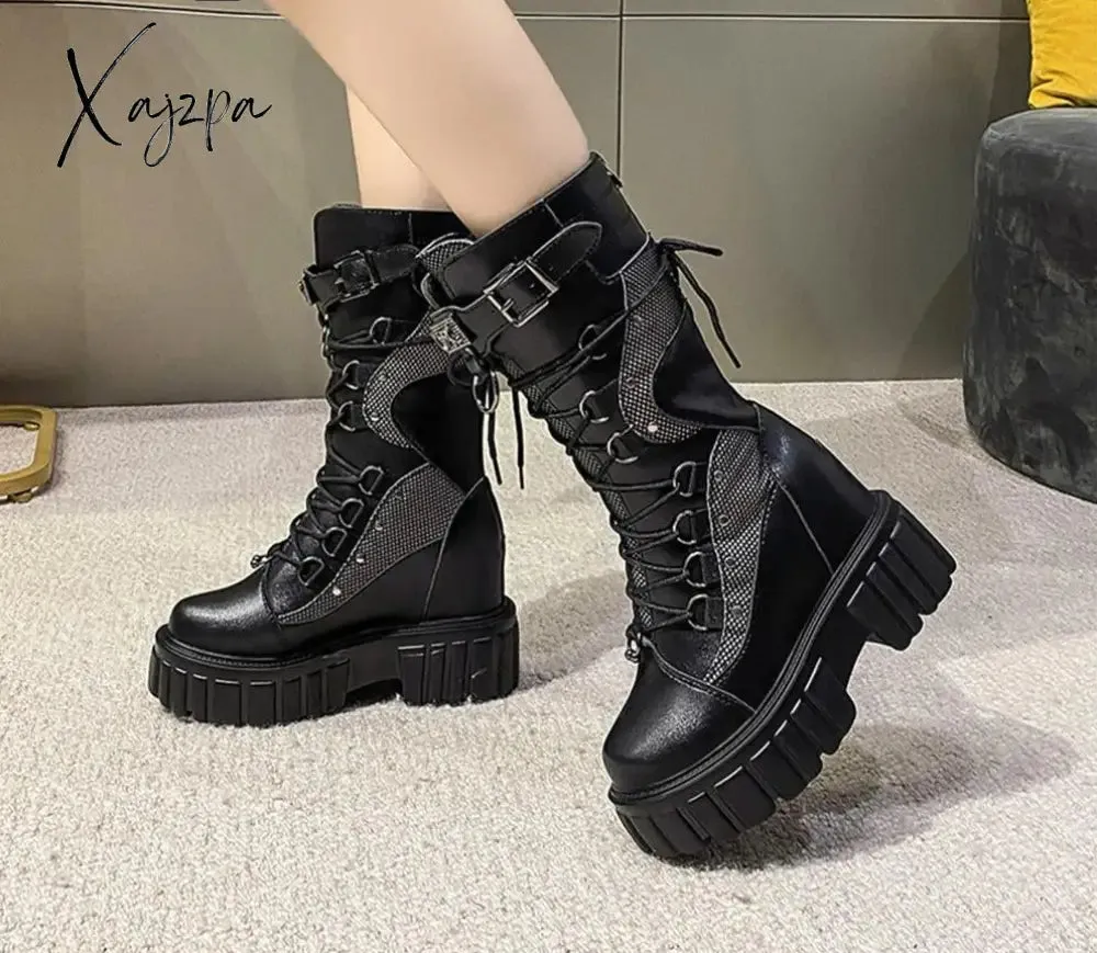 Xajzpa Big Size 35-43 Brand Design Ladies High Platform Boots Fashion Rivet Goth High Heels Boots Women Cosplay Wedges Punk Shoes Woman