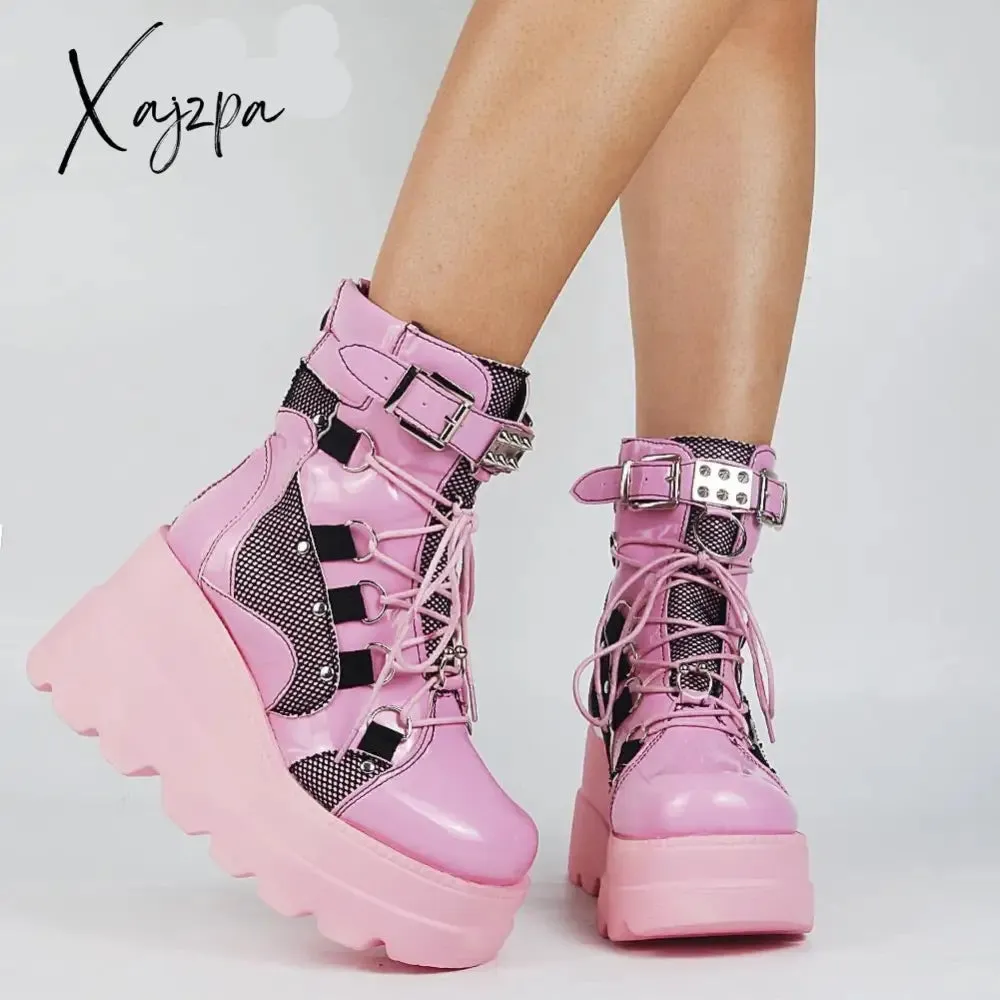 Xajzpa Big Size 35-43 Brand Design Ladies High Platform Boots Fashion Rivet Goth High Heels Boots Women Cosplay Wedges Punk Shoes Woman